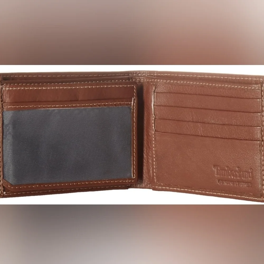Timberland Men's Wellington Leather RFID Bi Fold Commuter Wallet In Cognac, New!